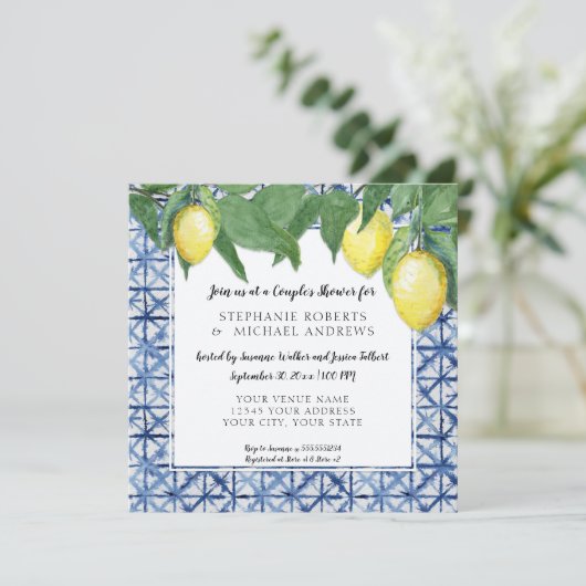 アジア絞りブルーwレモンブランチカップルシャワー 招待状 (スタンド正面)