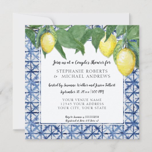 アジア絞りブルーwレモンブランチカップルシャワー 招待状 (正面)