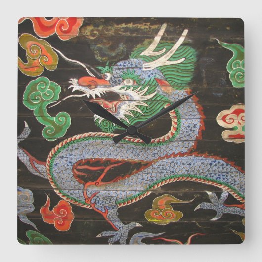 アジア芸術の明るいカラフル|のドラゴン スクエア壁時計 (正面)