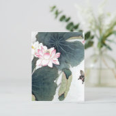 アジア蓮の葉ピンクの花蝶アートカッコいい ポストカード (スタンド正面)