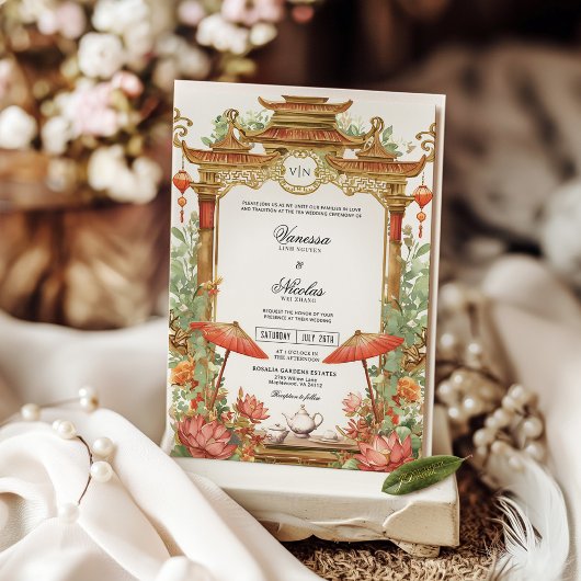 アジア赤日傘とハス結婚フラーズ 招待状