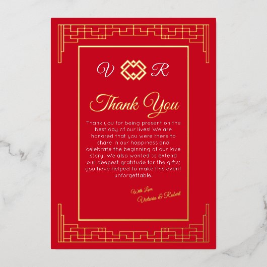 アジア赤金箔写真結婚のサンキューカード 箔招待状 (正面)