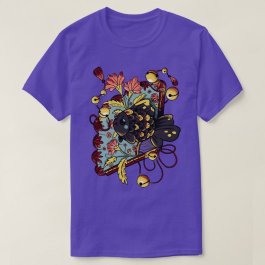 アジア金魚の扇花とピンクの花 Tシャツ (デザイン正面)