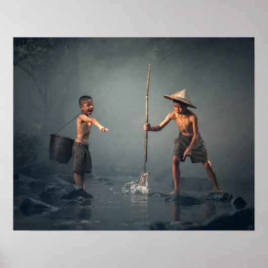アジア魚釣りにおける子伝統的どもたちの幸せ ポスター (正面)