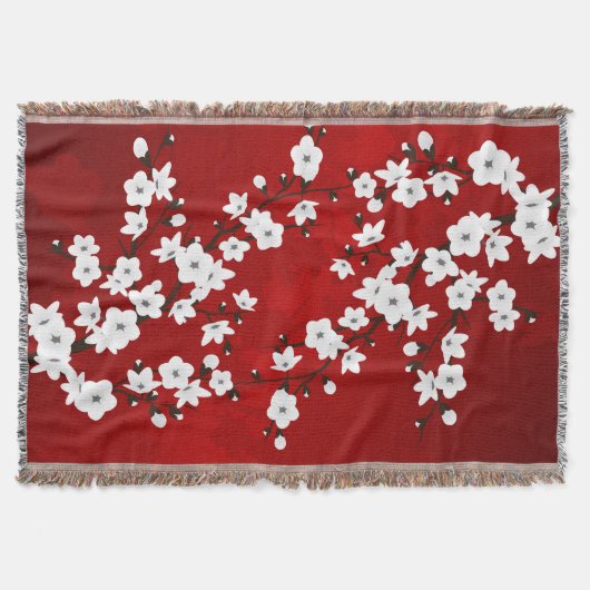 アジア フローラル ホワイト 桜 赤 スローブランケット (正面)
