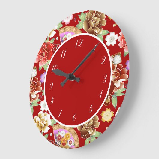 アジエレガントア日本のアートワーク赤フローラファン ラージ壁時計 (傾斜)