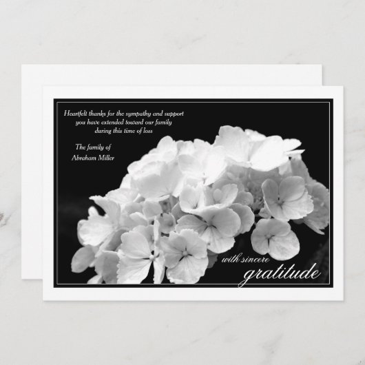 アジサイおよび白黒悔やみや弔慰は感謝していしています サンキューカード (正面/裏面)