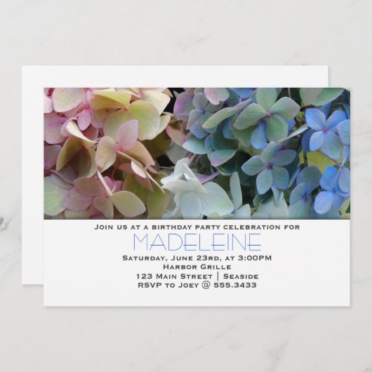 アジサイかわいらしズフローラ誕生日パーティーの招待 招待状 (正面/裏面)