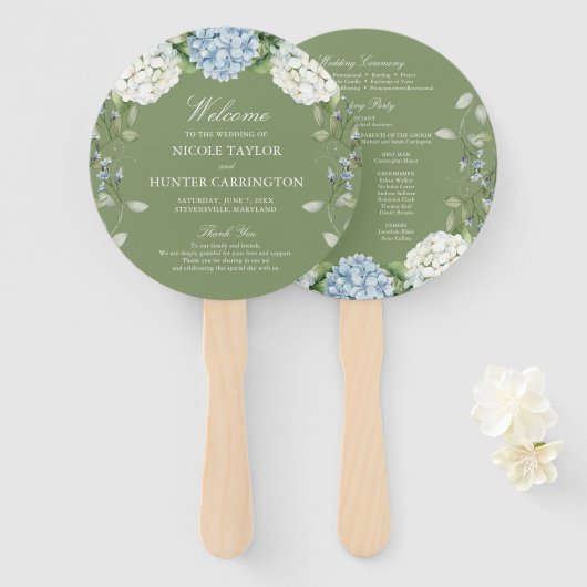 アジサイとsage greenの結婚式プログラム ハンドファン (正面&裏面)