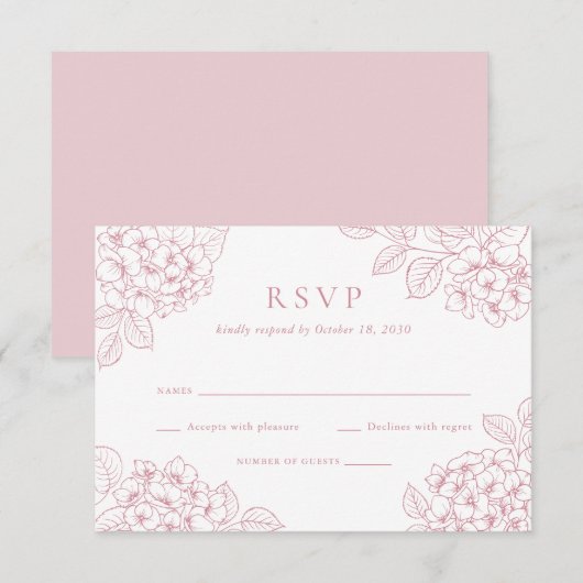 アジサイのエレガントなピンクの結婚式RSVP 招待状 (正面/裏面)