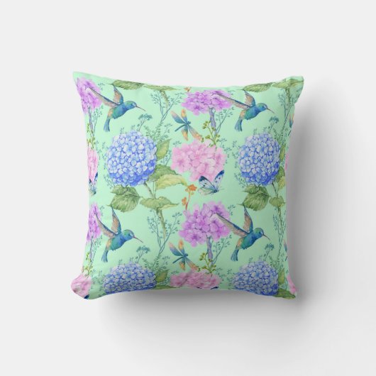 アジサイのハチドリのラベンダーの青く真新しい緑 クッション (正面)