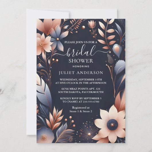 アジサイのメタリック純粋なネイビーブルーブライダルシャワー 招待状 (正面)