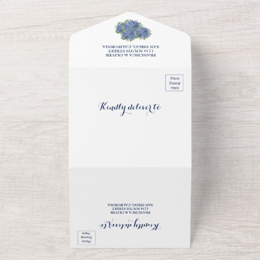 アジサイの水の色すべて1つの結婚式の招待 オールインワン招待状 (外側)