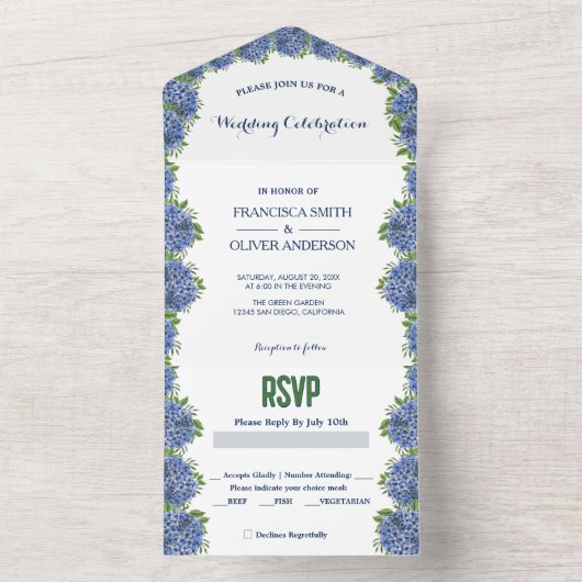 アジサイの水の色すべて1つの結婚式の招待 オールインワン招待状 (内側)