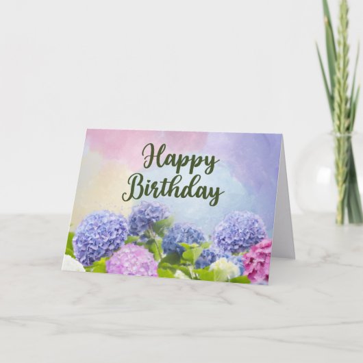 アジサイの水彩花 誕生日おめでとう カード (正面)