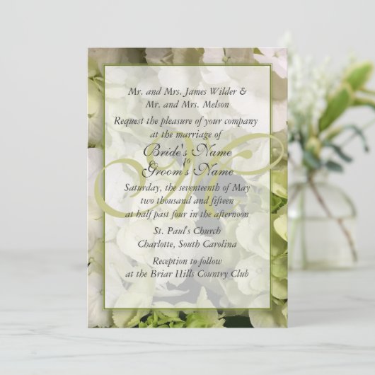 アジサイの白い緑の結婚式の続き 招待状 (スタンド正面)