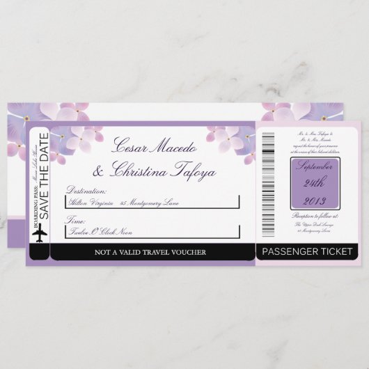 アジサイの紫色の搭乗券の結婚式招待状 招待状 (正面/裏面)