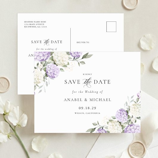 アジサイの紫色のSave the Date 招待ポストカード 案内ポストカード