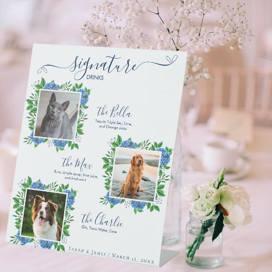 アジサイの結婚式 3枚の写真 ペットのシグネチャードリンク 台座サイン