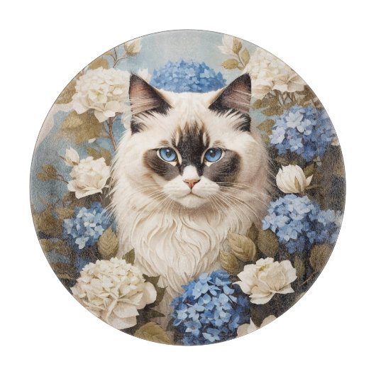 アジサイの花が咲くラグドール猫 カッティングボード (正面)
