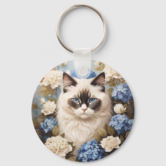 アジサイの花が咲くラグドール猫 キーホルダー (正面)