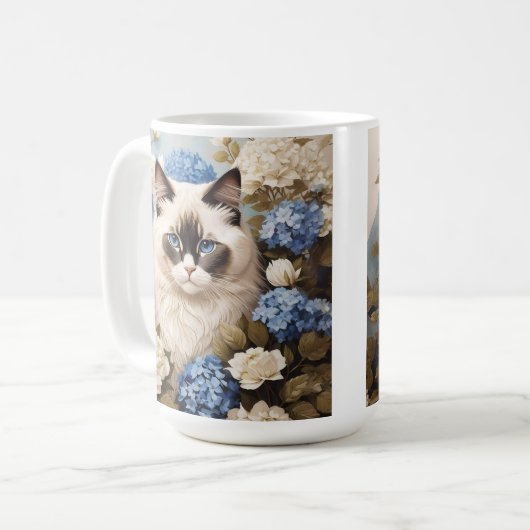 アジサイの花が咲くラグドール猫 コーヒーマグカップ (正面左)
