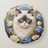 アジサイの花が咲くラグドール猫 ラウンドクッション (裏面)