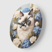 アジサイの花が咲くラグドール猫 ラージ壁時計 (傾斜)