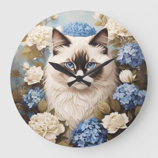 アジサイの花が咲くラグドール猫 ラージ壁時計 (正面)