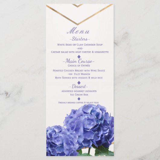 アジサイの花とゴールドのエレガントな結婚式メニューカード メニュー (正面)