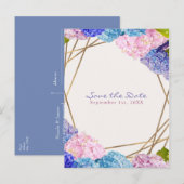 アジサイの花とゴールドの春のSave the Date 案内ポストカード (正面/裏面)
