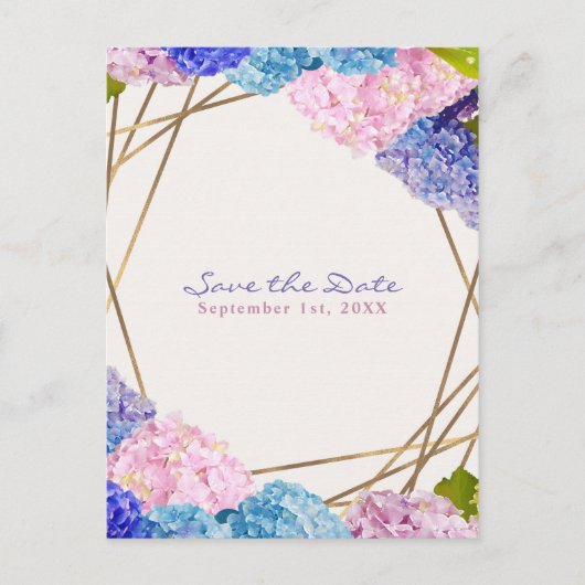 アジサイの花とゴールドの春のSave the Date 案内ポストカード (正面)