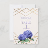 アジサイの花とゴールドの結婚式テーブルナンバーカード 招待状 (正面)