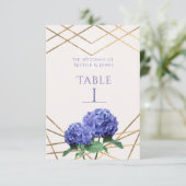 アジサイの花とゴールドの結婚式テーブルナンバーカード 招待状 (スタンド正面)