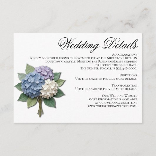 アジサイの花の結婚式詳細カード エンクロージャーカード (正面)
