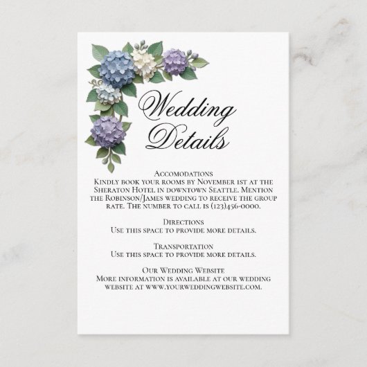 アジサイの花の結婚式詳細カード エンクロージャーカード (正面)