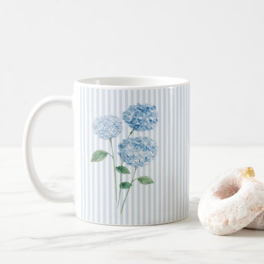アジサイの花の絵 青いストライプ コーヒーマグカップ (ドーナツ)
