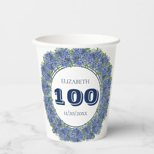 アジサイの華やかなブルーの100歳の誕生日パーティー 紙コップ (正面)