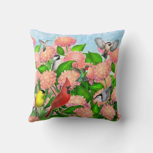 アジサイの野生の裏庭の鳥によっては枕が開花します クッション (裏面)
