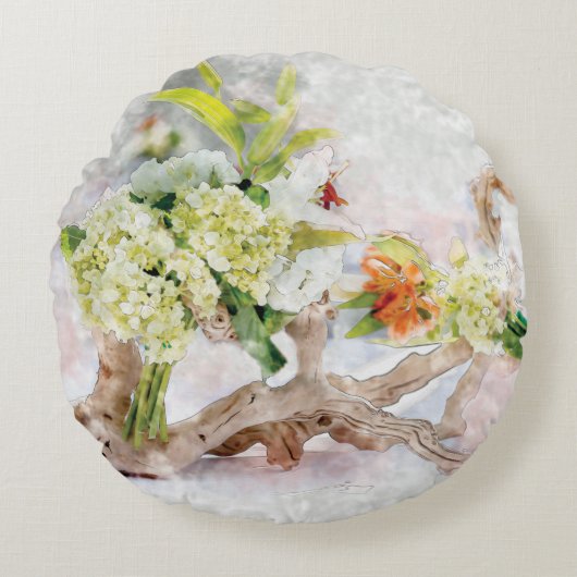 アジサイのBellaの水彩画の円形の枕(16") ラウンドクッション (正面)