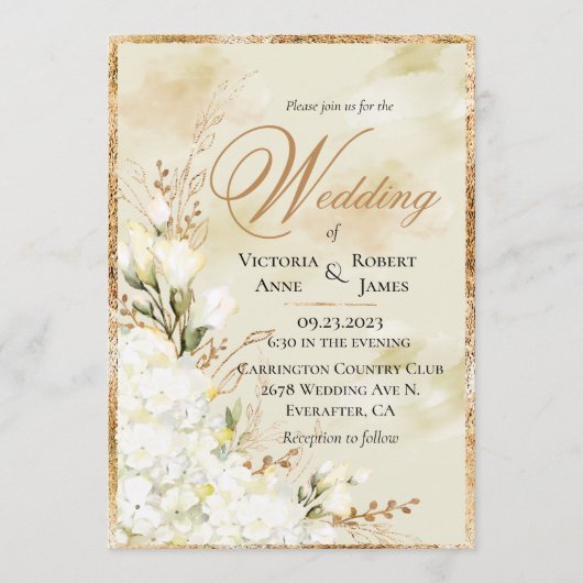 アジサイエレガントホワイト金ゴールド結婚フローラ 招待状 (正面)