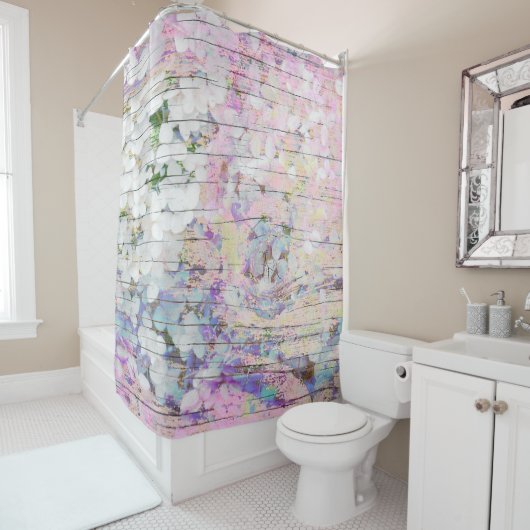 アジサイフローラピンクヴィンテージカントリーウッド シャワーカーテン (インサイチュ)