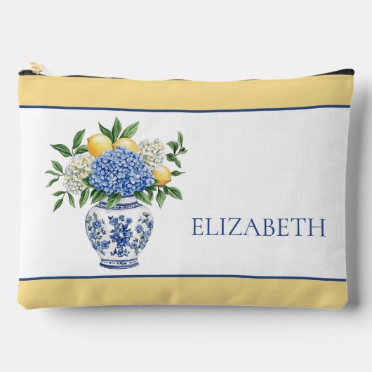 アジサイ付きの青と白のチャイノワリーの花瓶 アクセサリーポーチ (正面)