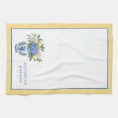 アジサイ付きの青と白のチャイノワリーの花瓶 キッチンタオル (横)