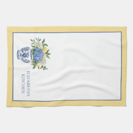 アジサイ付きの青と白のチャイノワリーの花瓶 キッチンタオル