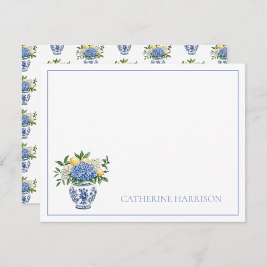 アジサイ付きの青と白のチャイノワリーの花瓶 ノートカード (正面/裏面)