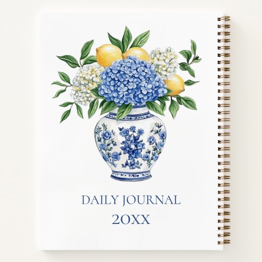 アジサイ付きの青と白のチャイノワリーの花瓶 ノートブック (裏面)