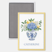 アジサイ付きの青と白のチャイノワリーの花瓶 マグネット (正面/裏面)