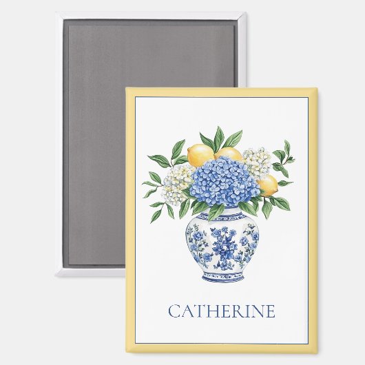 アジサイ付きの青と白のチャイノワリーの花瓶 マグネット (正面/裏面)