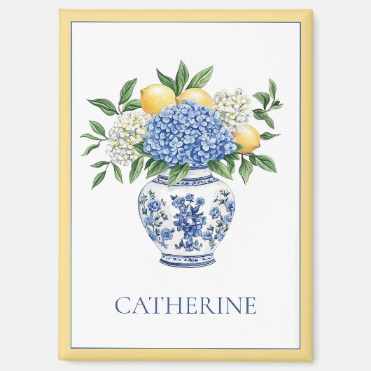 アジサイ付きの青と白のチャイノワリーの花瓶 マグネット (正面)